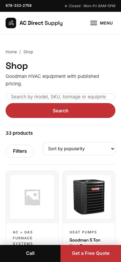 Current AC Direct Supply mobile shop with search, filters, products, call, and quote actions